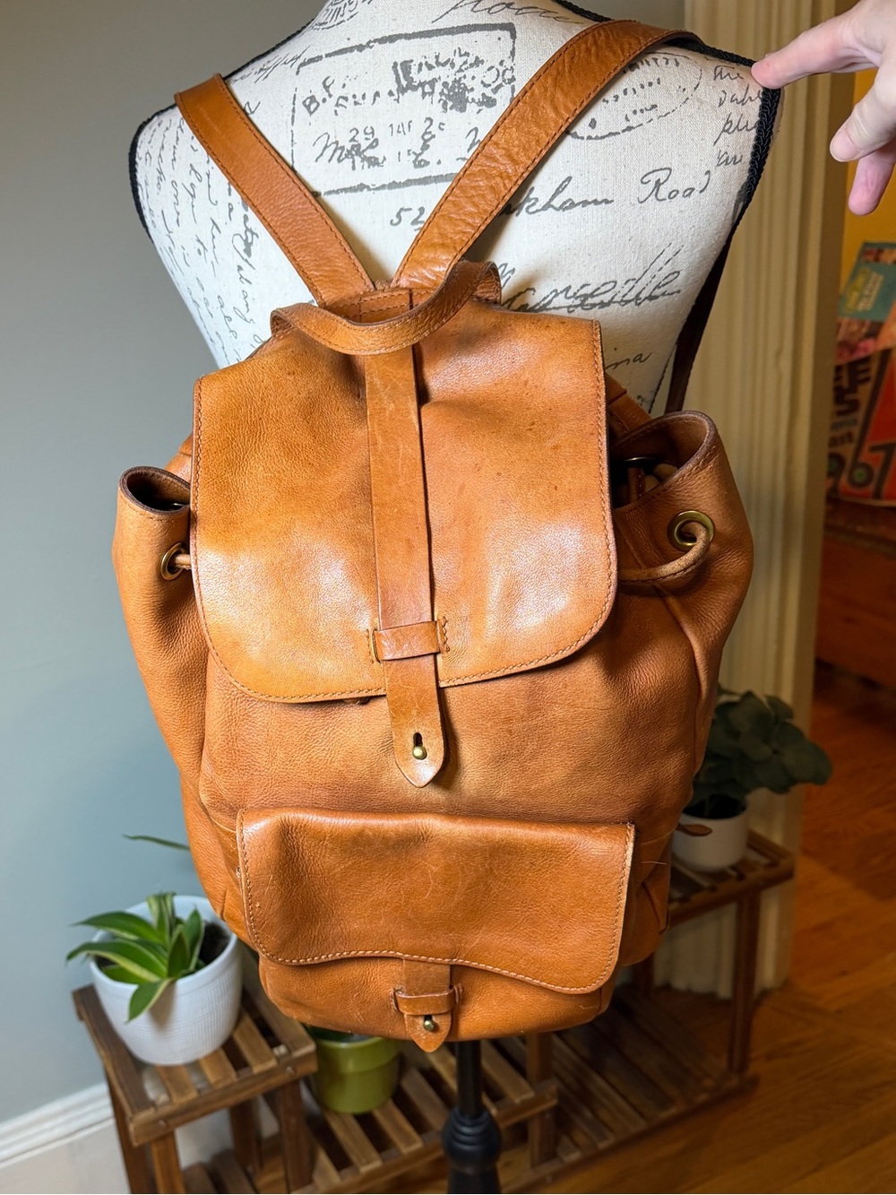 Madewell Brown Leather Drawstring Backpack Cognac Large Rucksack Front Pocket